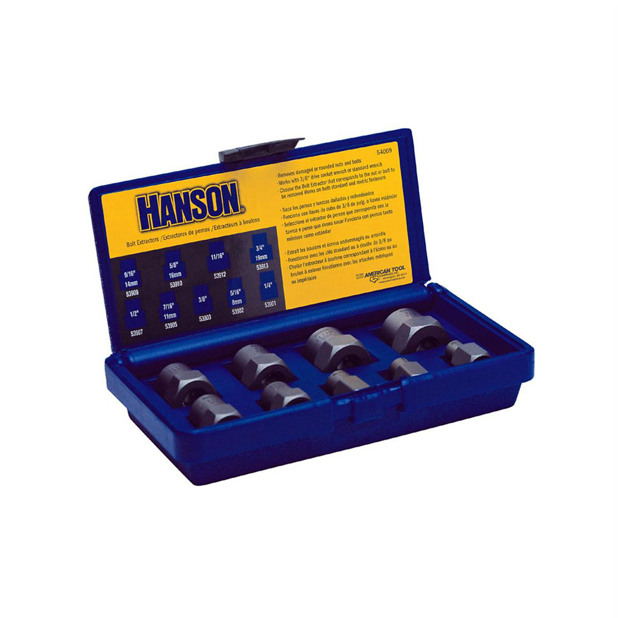 Hanson Bolt Extractor Set — 9-Pc., 1/4in.–3/4in., 3/8in. Drive, Model# HAN54009